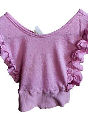 True Vintage Crop Top Girls 12 1970's Pink Ruffled Knit Textured Diamond Pattern